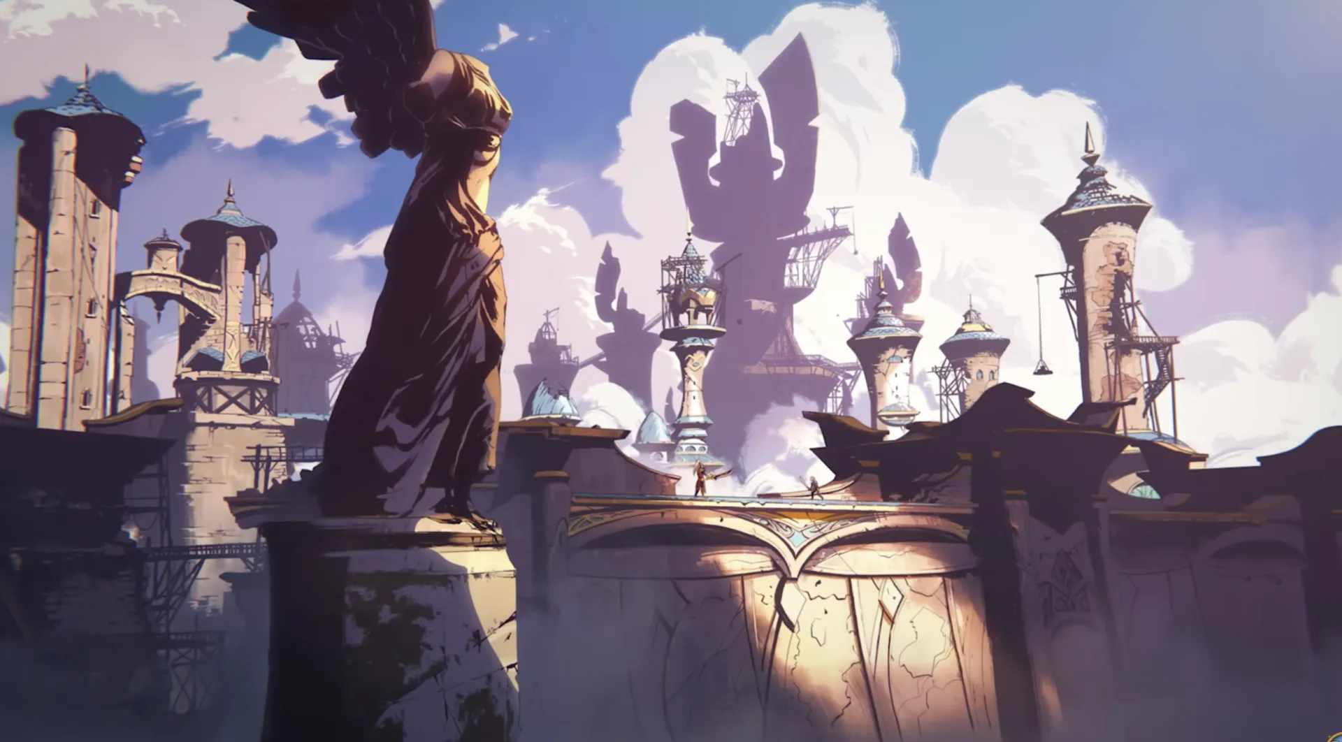 Concept art of a winged statue overlooking an ornate fantasy temple city — an example of 2D game trailer environment design.